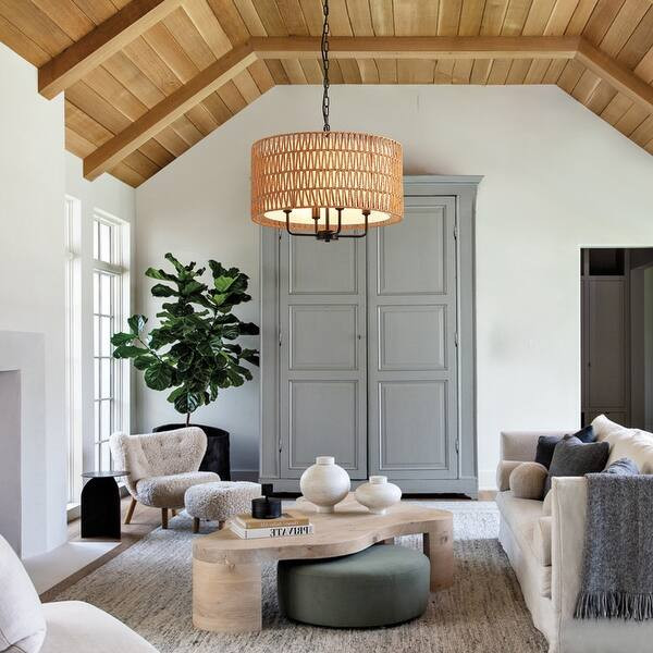 4-Light Bohemian Hand Woven Drum Chandelier Rattan Farmhouse Chandelier Rustic Pendant Light for ... | Bed Bath & Beyond