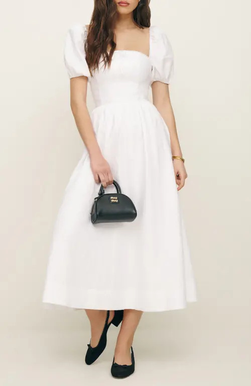 Reformation Marella Puff Sleeve Linen Dress in White at Nordstrom, Size 12 | Nordstrom
