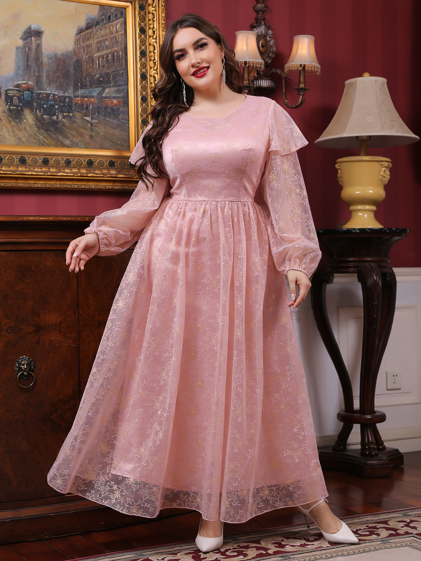 Plus Embroidery Mesh Overlay Ruffle Trim Form Dress | SHEIN