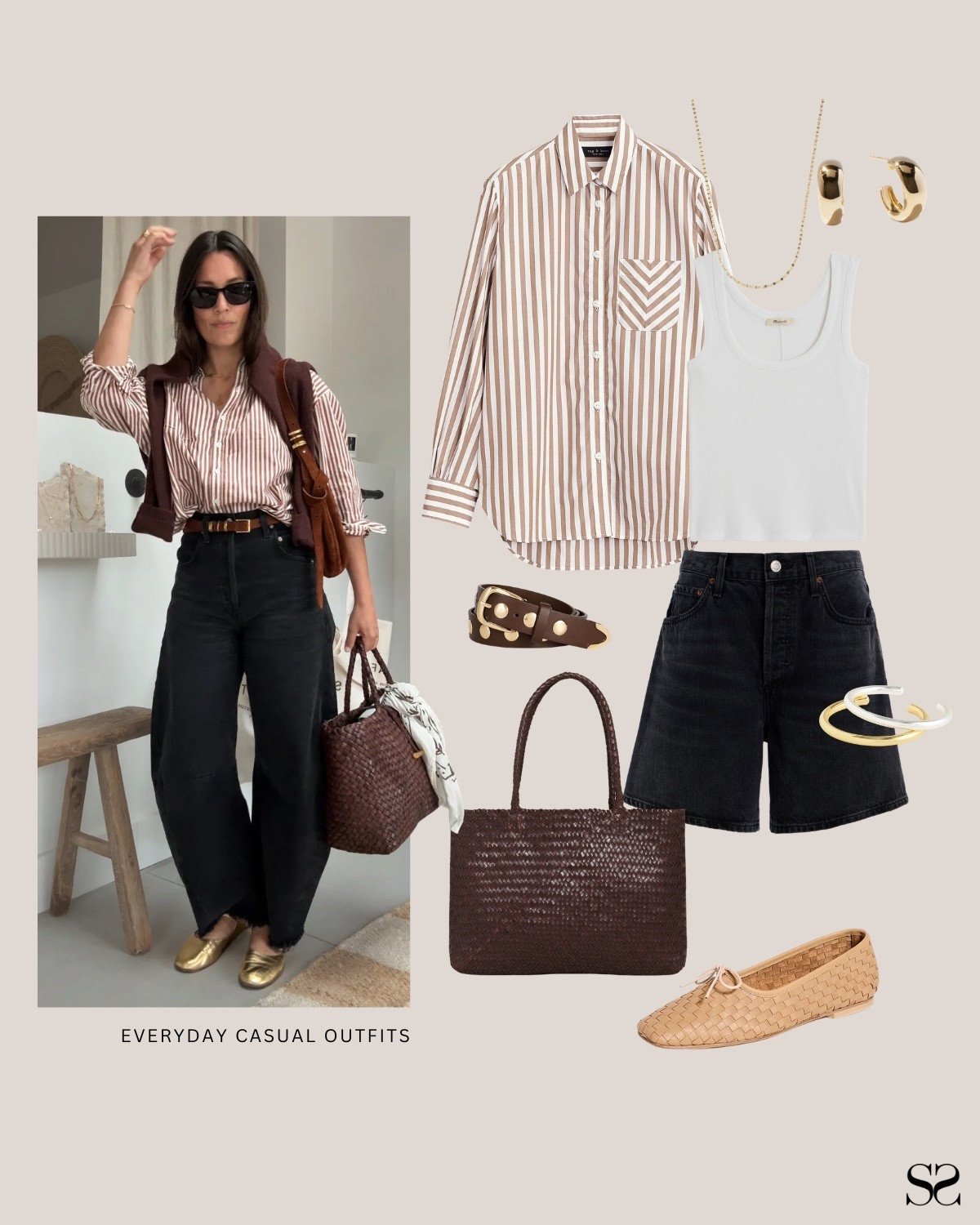 Outfit idea for when you want personality without the effort: A brown stripe shirt open over a white tank with black shorts. The belt and accessories are what make it feel personal. 

Inspo: @natalieborton 

Stripe shirt, black shorts, woven tote, ballet flats, brown belt, gold earrings 

#LTKootd #LTKSeasonal #LTKgrwm