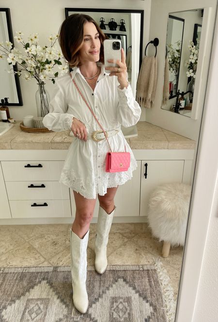 FASHION \ all white country western fit🤍🤠 wearing a small in the shirt dress.

White dress
Summer outfit
Cowboy boots 
Country concert 

#LTKSeasonal #LTKStyleTip