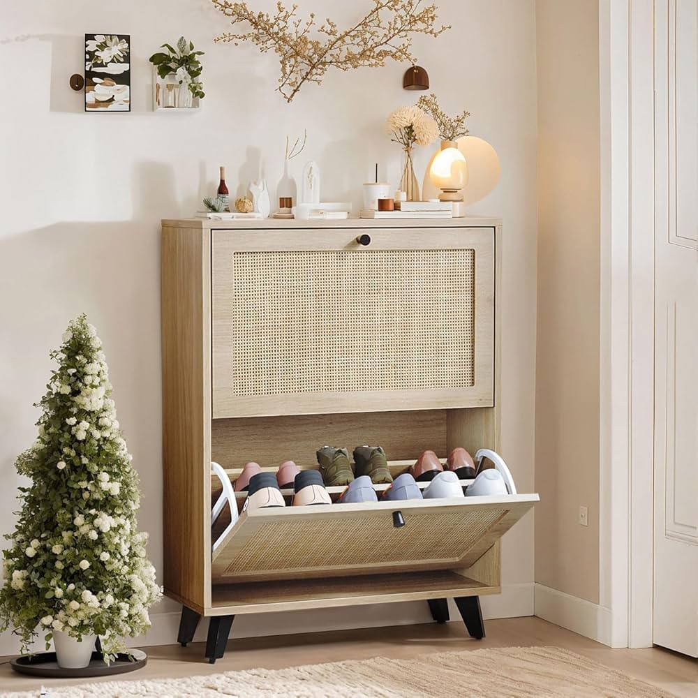 Angel Sar Rattan Shoe Cabinet for Entryway, Slim Shoe Storage Cabinet with 2 Flip Drawers, Hidden... | Amazon (US)