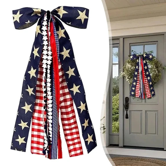 Large Patriotic Star Ribbon Bow for Wreath Red White Buffalo Plaid Burlap Bow 23.6x9.45 Inch Clip... | Walmart (US)