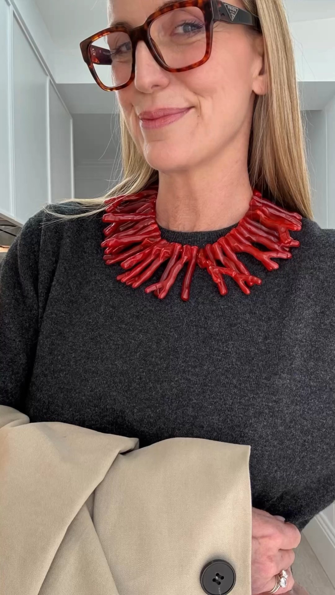 
So on a complete whim (ie.was on sale), I bought this 'statement' resin coral necklace. I seldom wear anything
'bold' like this and it's been sitting on my dresser for months and I really didn't know what to do with it...with a summery resort piece it's too obvious and since I was looking at it nearly everyday I realised that it needed to be used conversely - not with a summery piece (way too obvious and normal) but with a deep charcoal knit (which I didn't have and had to find). So here it is, finally worn. I like juxtapositions in fashion and this does that for me. All the greys and the bone macintosh tone down the red and 'resortness' of the necklace and it feels more modern!
Here are a few similar pieces to get my look!

#LTKaustralia #LTKspring