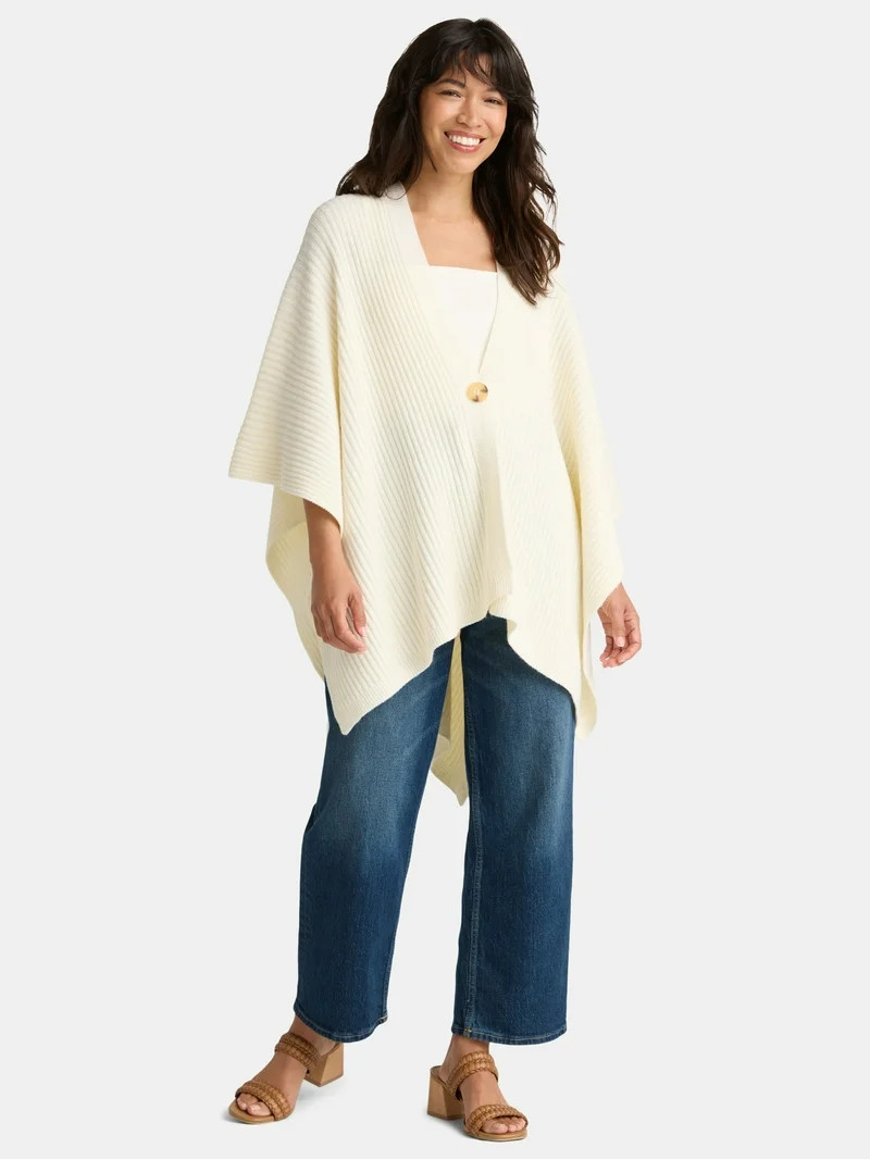 Time and Tru Women's Rib Knit Fashion Coverup with Button, One Size, Ivory | Walmart (US)