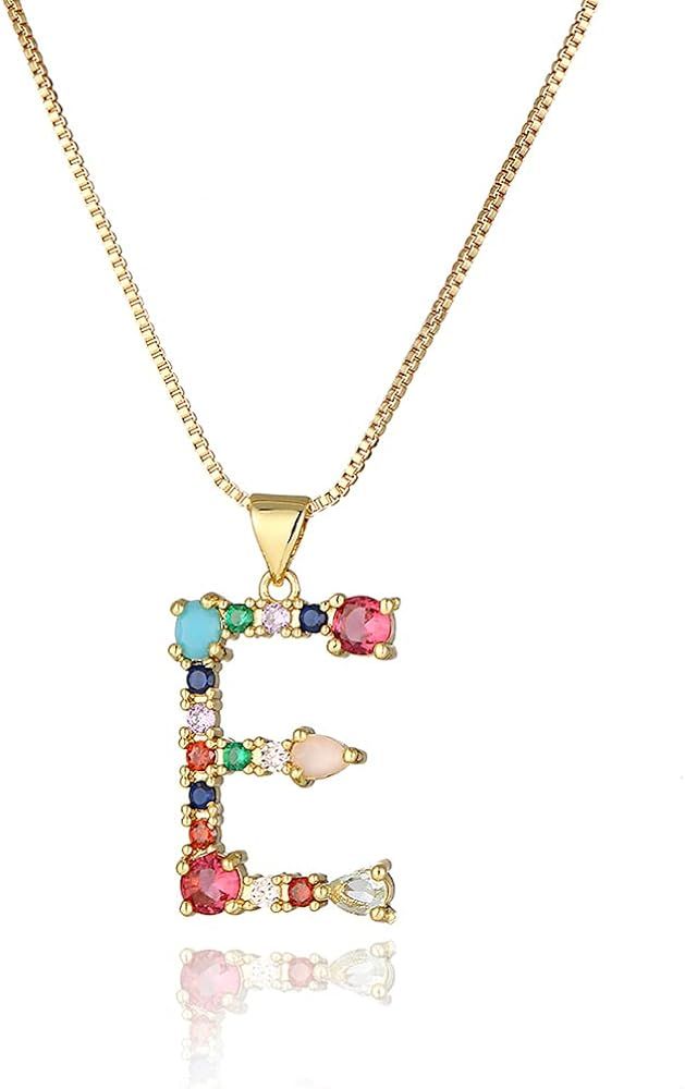 18K Gold Box Chain Choker Initial Necklace Multi-Color Zircon Letter Pendant Script Name Custom N... | Amazon (US)