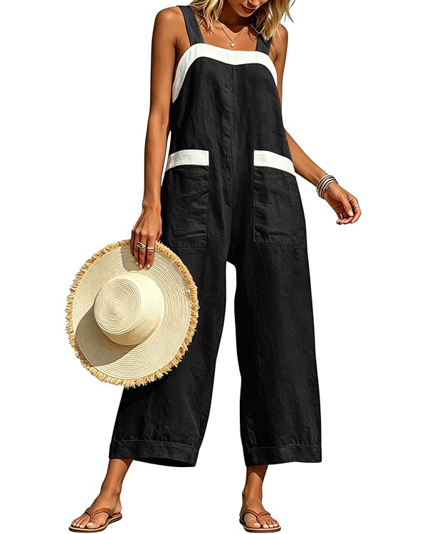 Himosyber Women's Cotton Linen Jumpsuits Color Block Wide Leg Overalls Adjustable Strap Casual Su... | Amazon (US)