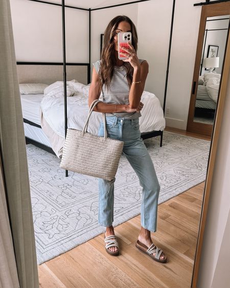 dying over this woven bag and it’s included in the sale! 🙌🏻 paired it with a classic striped tee + lighter jeans for an easy summer look! ☀️
top + jeans run tts 

#LTKSaleAlert #LTKxMadewell