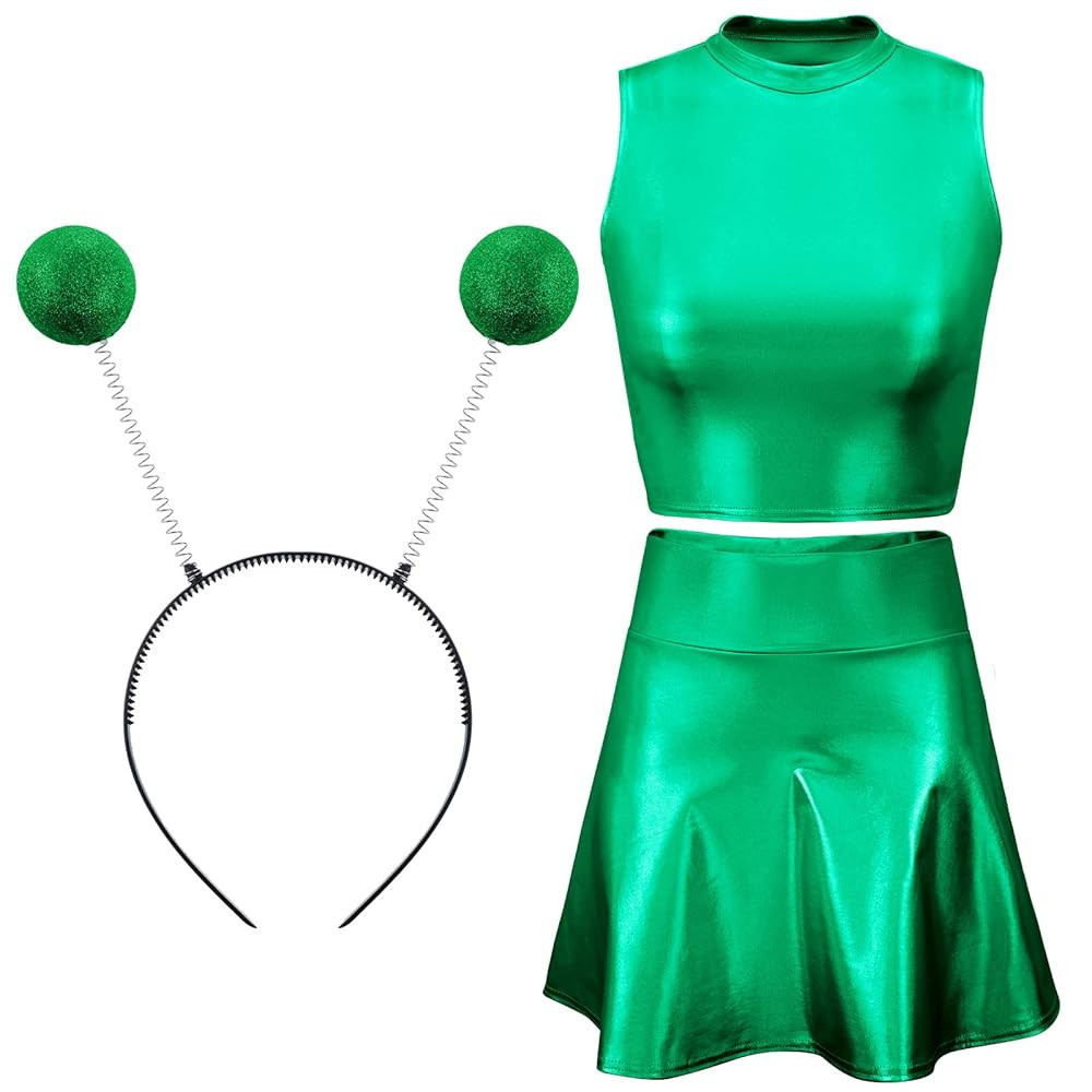 Metallic Top Sleeveless Crop Tank Top Pleated Skirt with Headband for Raves Halloween Cosplay | Amazon (US)