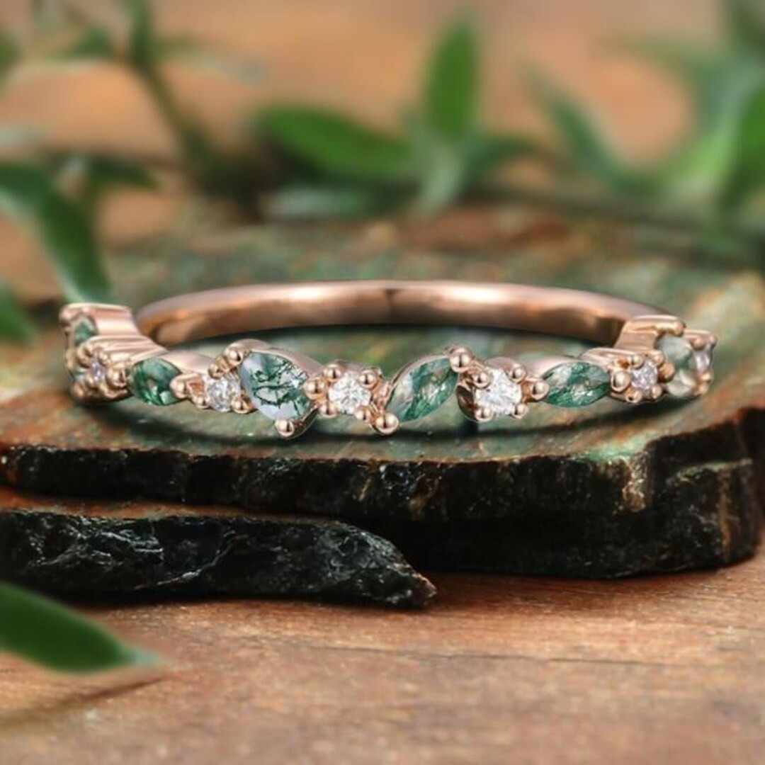 Marquise Moss Agate Wedding Band 14K Rose Gold Wedding Band Women Half Eternity Diamond Matching ... | Etsy (US)