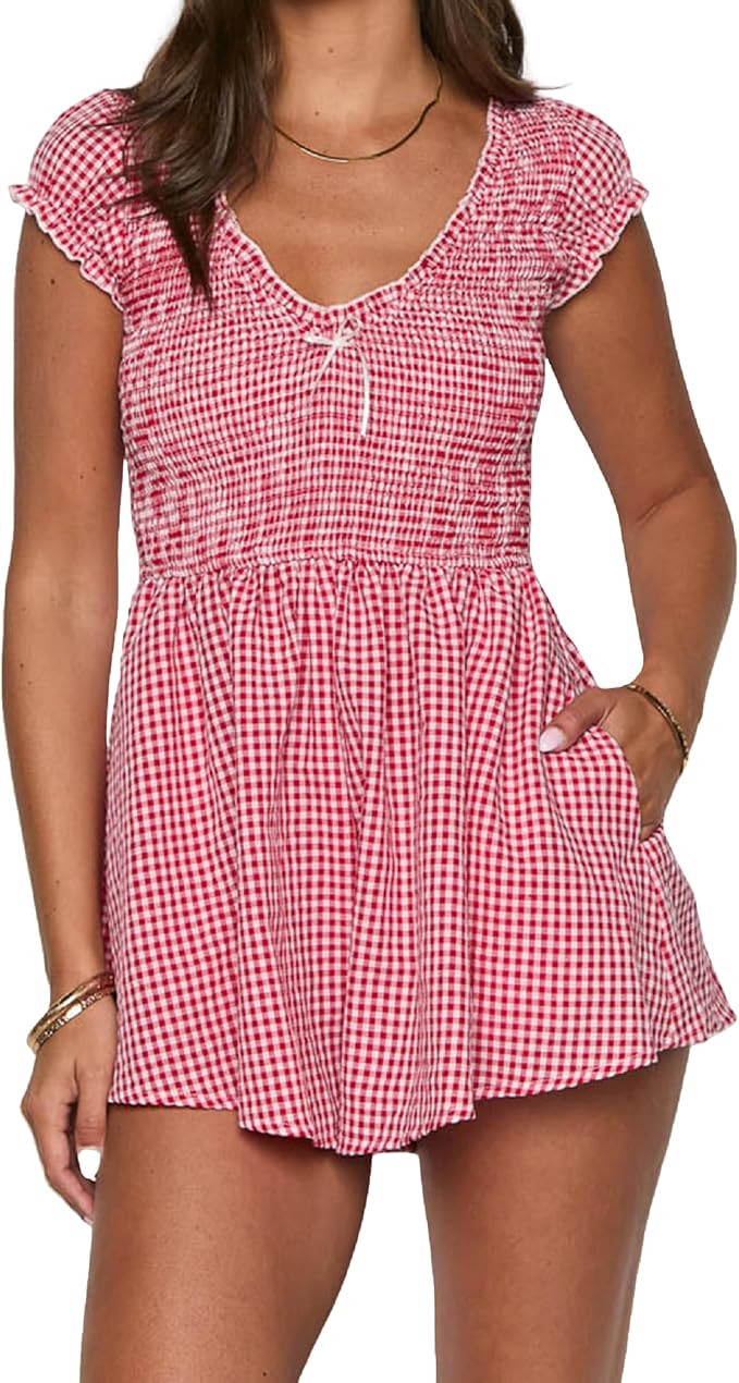 Adoeren Women Y2k Gingham Playsuit Short Sleeve Shirred Smocked Bodice Romper Dress Plaid Wide Le... | Amazon (US)
