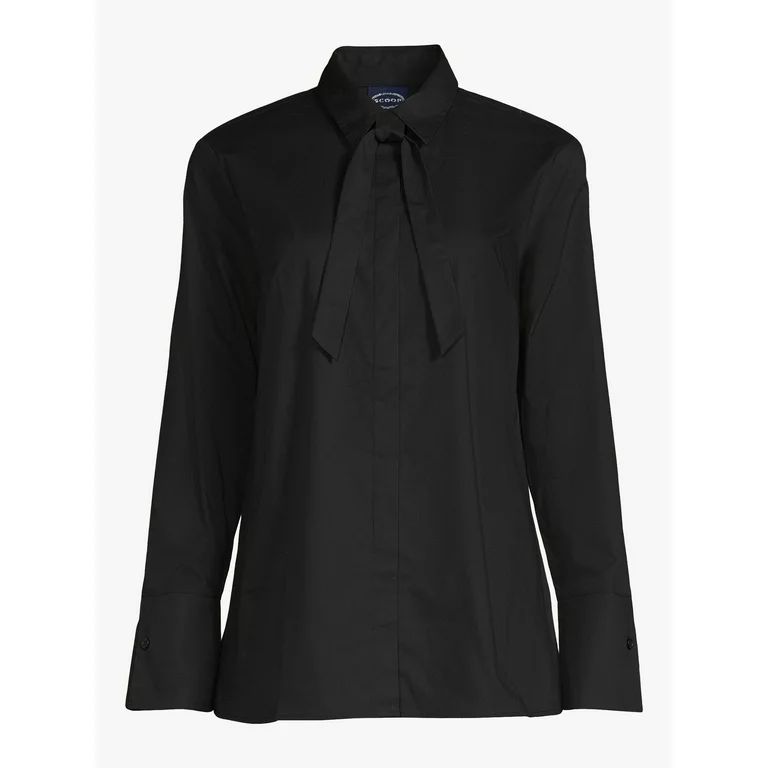 Scoop Women's Tie Neck Button Front Poplin Tunic Shirt with Long Sleeves, Sizes XS-XXL | Walmart (US)