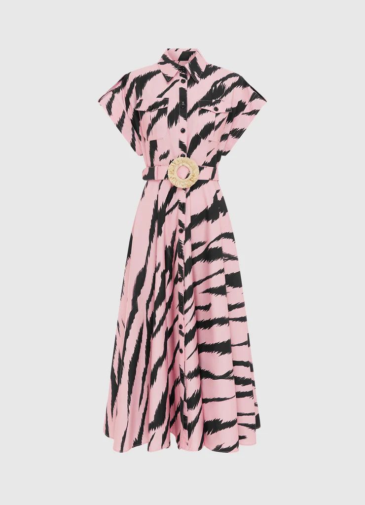 Anita Pocket Shirt Midi Dress - Tiger Print in Pink | LEO LIN