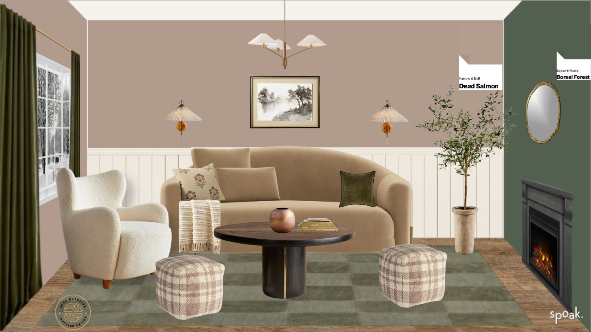 Gorgeous living room design/moodboard. Velvet loveseat, green checkered rug, plaid poufs, curvy accent chair, elegant lighting, faux olive tree, green velvet curtains, magnolia wall art. #homedecor #livingroom

#LTKSeasonal #LTKStyleTip #LTKHome