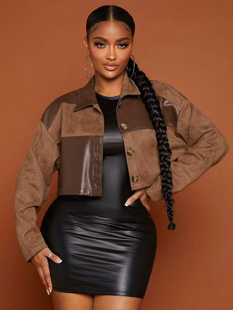 SHEIN SXY Plus Size Women's Drop Shoulder Maillard Color Block Short Jacket With PU Patchwork, Suitable For Fall And Winter, Date Night, Birthday, Bachelorette Party Outfit, Casual, Shopping, Streetwear, Going Out, , Easy To Match And Looks Slim, Flatter The Figure Autumn | SHEIN