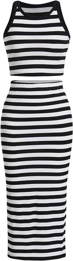 Verdusa Women's Casual 2 Piece Set Round Neck Sleeveless Slim Fit Striped Tank Top and Skirt | Amazon (US)