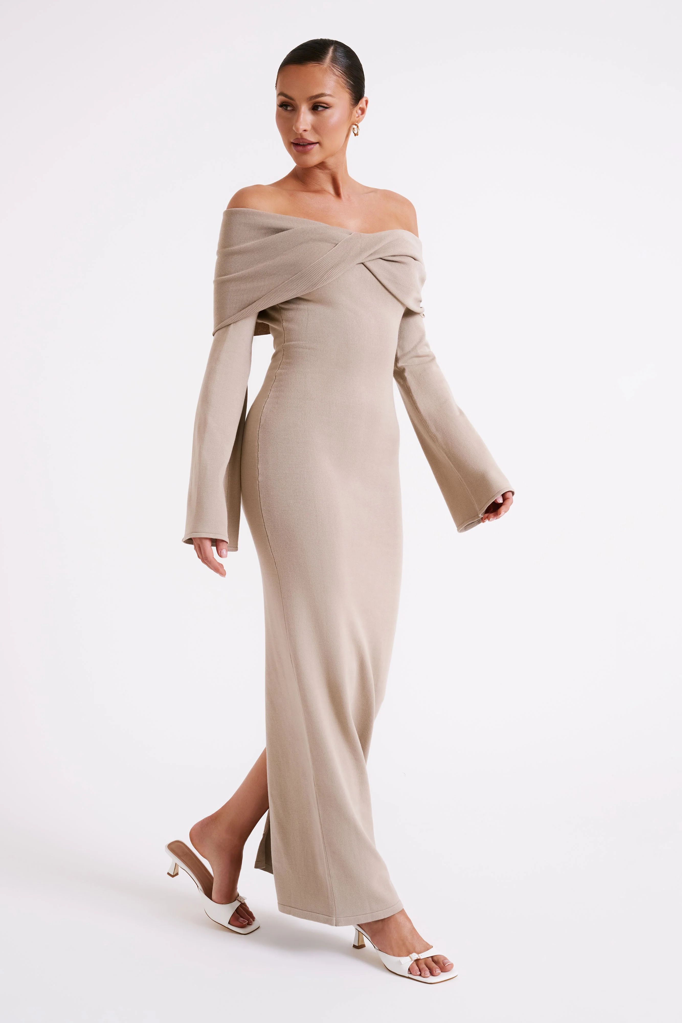 Kenny Long Sleeve Knit Dress - Taupe | MESHKI US