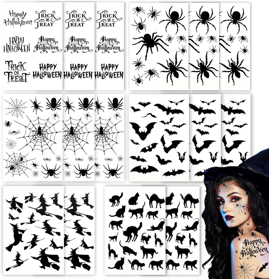 Whaline 250Pcs+ Halloween Temporary Tattoos 16 Sheet Waterproof Tattoo Stickers Black Gothic Spid... | Amazon (US)