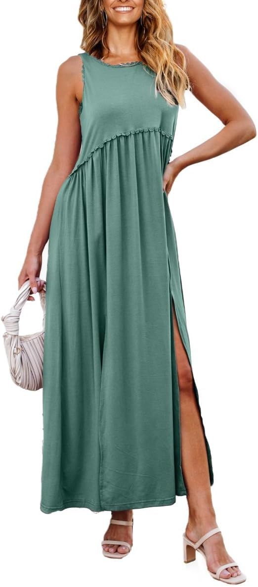 Theenkoln Women Casual Maxi Dress: Sleeveless Crew Neck High Waist Flowy Tiered Tank Sun Dresses | Amazon (US)