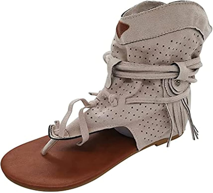 CYNLLIO Gladiator Flip Flop Flat Retro Tassel Sandals for Women Boho T-strap Roman Thong Hollow O... | Amazon (US)