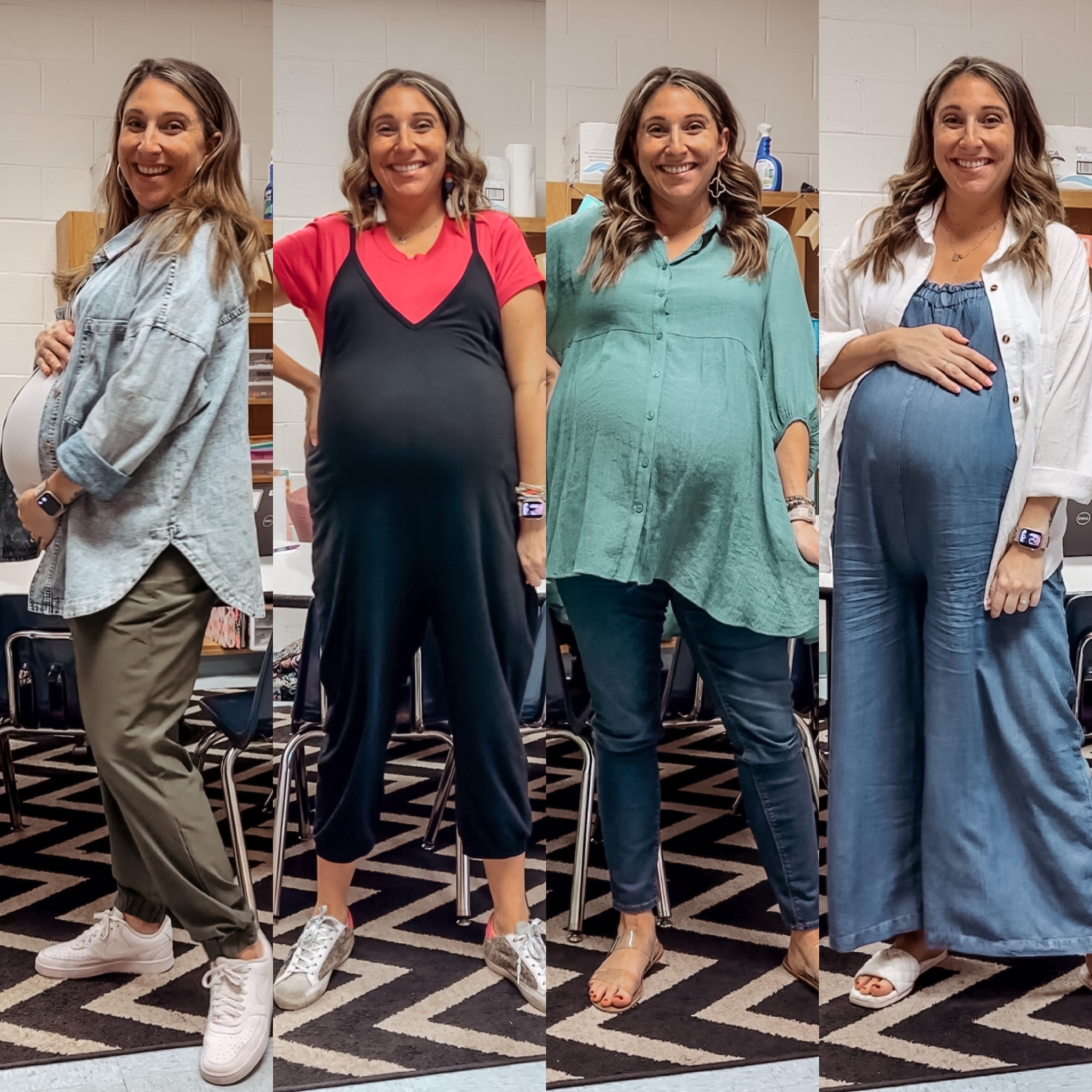 Teacher ootd from this week! Sizing from left to right
Joggers L (maternity) / Tanks L / shacket XL / jumpsuit L / bodysuit XL / Top L / jeans 14 (maternity) / jumpsuit XL / butting down XL / white Nikes half size down / GG and slides tts

#LTKworkwear #LTKbump #LTKmidsize