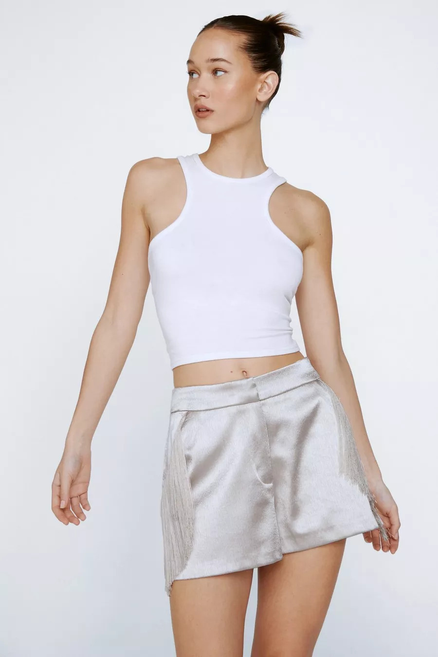 Petite Bonded Satin Fringe Shorts | Nasty Gal (US)