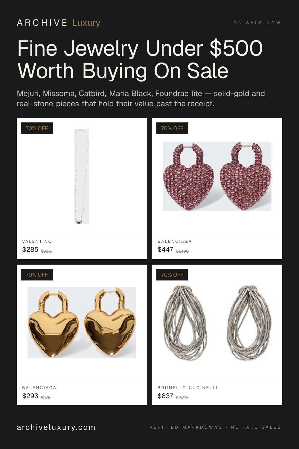 The fine jewelry actually worth buying on sale under $500 — solid-gold and real-stone pieces that hold value past the receipt.

Mejuri (15–25% off scheduled sale days — Bold Hoops, Croissant Dôme, Boyfriend chain). Missoma (30%+ end-of-season). Catbird (rare sales but real cuts). Maria Black (Senorita + Ronja). Foundrae Petite (the smallest pieces, deepest impression).

Skip the vermeil-over-brass priced over $200 and the CZ "diamond" pieces above $150. The cost-per-wear math on solid gold beats every other luxury category if you buy the right silhouette.

Full breakdown on archiveluxury.com → fine-jewelry-under-500-on-sale.

#finejewelry #mejuri #missoma #catbird #mariablack #foundrae #solidgold #goldhoops #goldchain #signetring #finejewelryunder500 #demi finejewelry #salealert #archiveluxury #verifiedsale 

 #LTKSeasonal #LTKSaleAlert #LTKBeauty