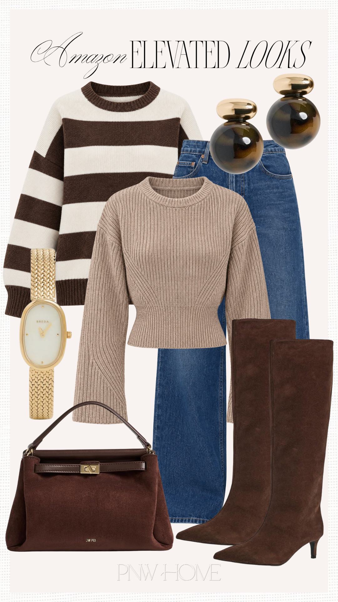Elevated style finds for fall from Amazon!

fall fashion, fall looks, fall outfit, fall style, neutral fashion, neutral outfit, casual chic, brown boots, knee high boots, brown shoes, fall footwear, fall shoes, suede boots, suede handbag, brown handbag, striped sweater, brown striped top, tan sweater, neutral sweater, wide leg jeans, wide leg denim, dark wash jeans, brown earrings, gold watch 

 #LTKgrwm #LTKootd #LTKSeasonal