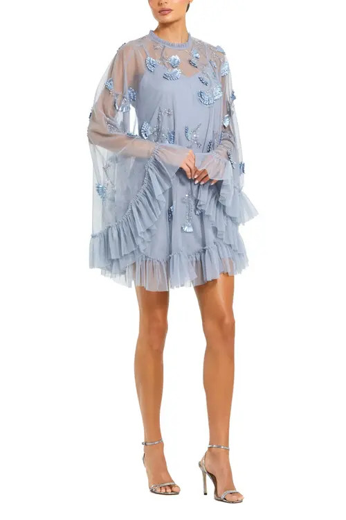 Mac Duggal Women's Embellished Long Sleeve Trapeze Dress with Ruffle Hem in Powder Blue at Nordstrom, Size 8 | Nordstrom