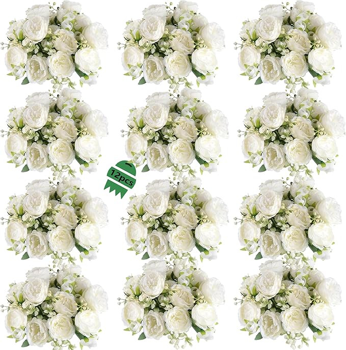 12 Bundles Peonies Artificial White Flowers Bouquet, Lifelike Silk Fake Peonies with Stems for Ho... | Amazon (US)