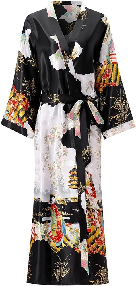 feslieacc Women's Floral Long Satin Robes Plus Size Long Silk Robes Peacock Floral Kimonos Sleepw... | Amazon (US)