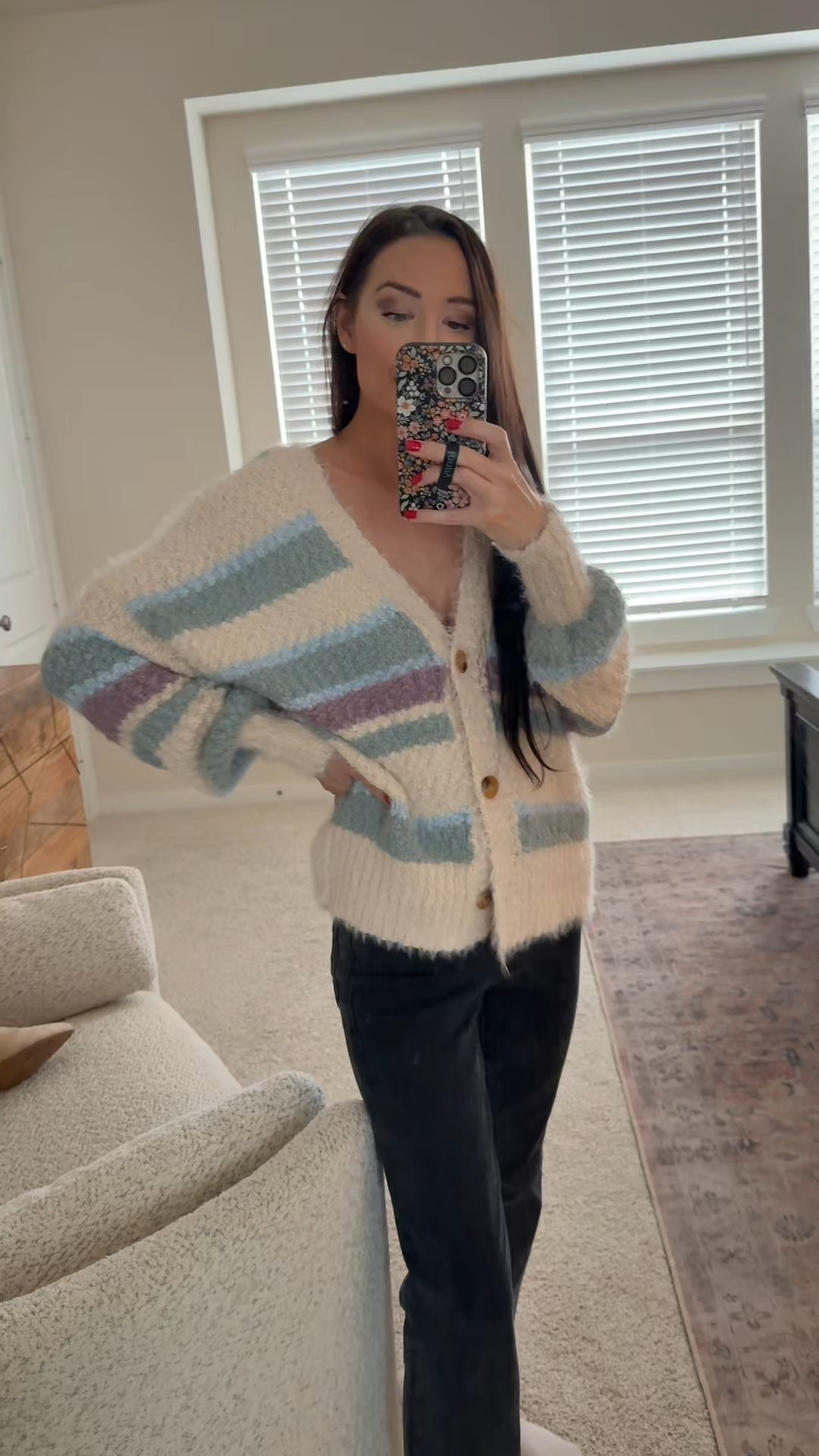 Soft cardigan perfect over a tank or worn with just a bra. Literally so cozy and cute with a pop of color! Jeans are my go to — cozy and able to wear all day, don’t even feel like jeans! 

#LTKootd #LTKgrwm #LTKSaleAlert