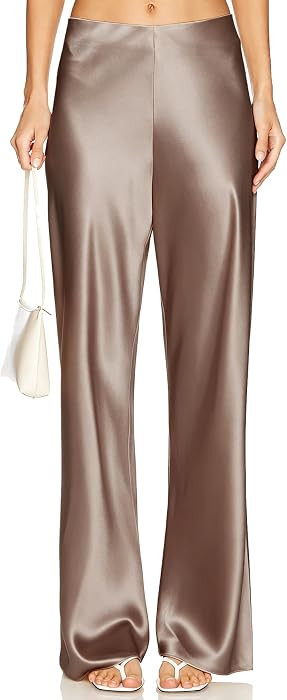 Women's Satin Wide Leg Dress Pants Hidden Elasticized Waistband Silk Casual Long Flowy Loose Trou... | Amazon (US)