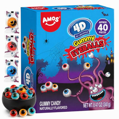 AMOS 4D Gummy Eyeballs, Approx 40 Pieces Halloween Candy, Colorful eyeball-shaped gummies with a chewy bite, perfect for Halloween parties, trick-or-treat bags, and candy bowls.