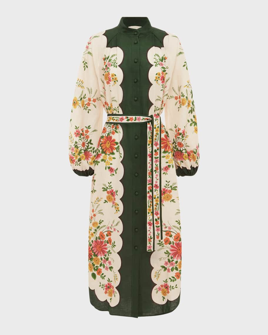 Elisabetta Self-Belt Midi Floral Linen Shirtdress | Neiman Marcus