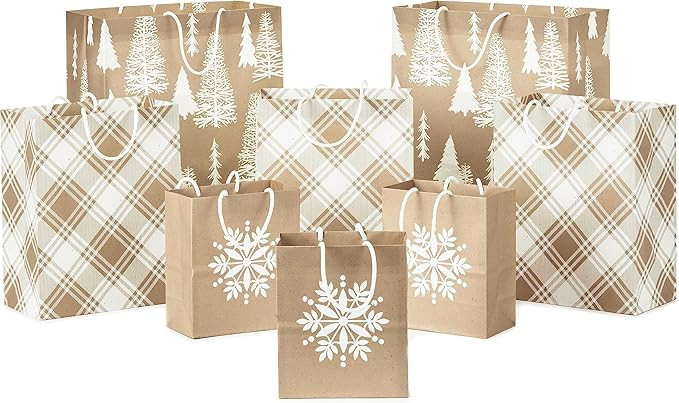 Hallmark Assorted Christmas Gift Bags, Recyclable Kraft Brown with Snowflake, Plaid and Trees (8 ... | Amazon (US)