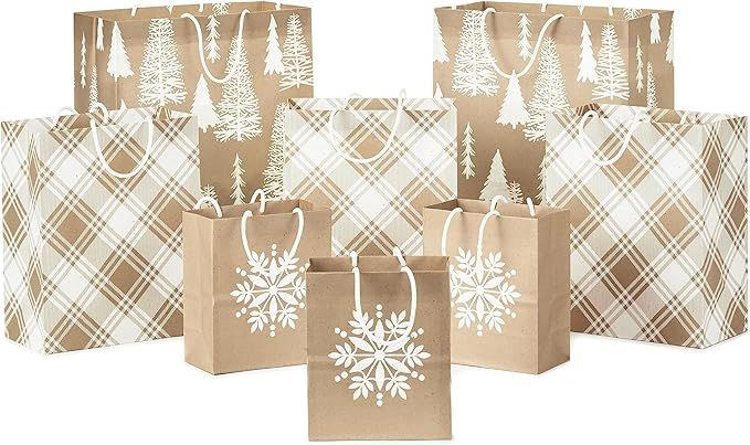 Hallmark Recyclable Holiday Gift Bags (8 Bags: 3 Small 6", 3 Medium 9", 2 Large 13") Kraft Brown ... | Amazon (US)