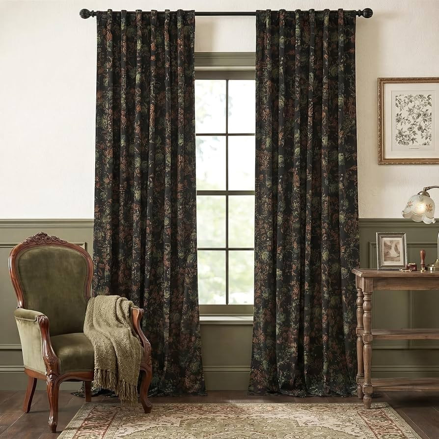 StangH Black Floral Curtains Moody Vintage Velvet Drapes 90 Inch 2 Panels | Amazon (US)