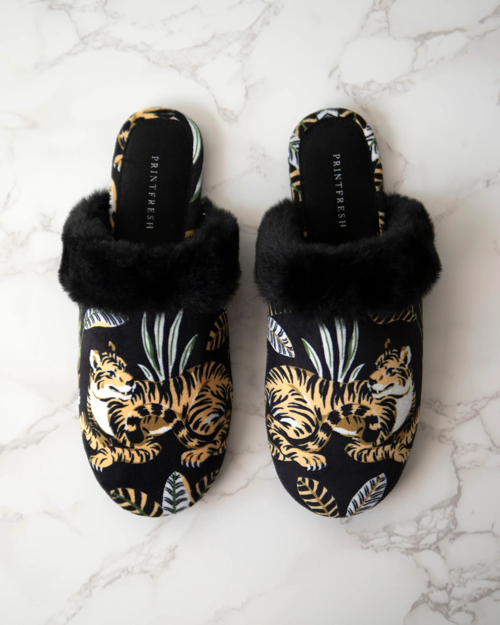 Untamed Tiger - Velvet Faux-Fur Slippers - Gold Ink | Printfresh