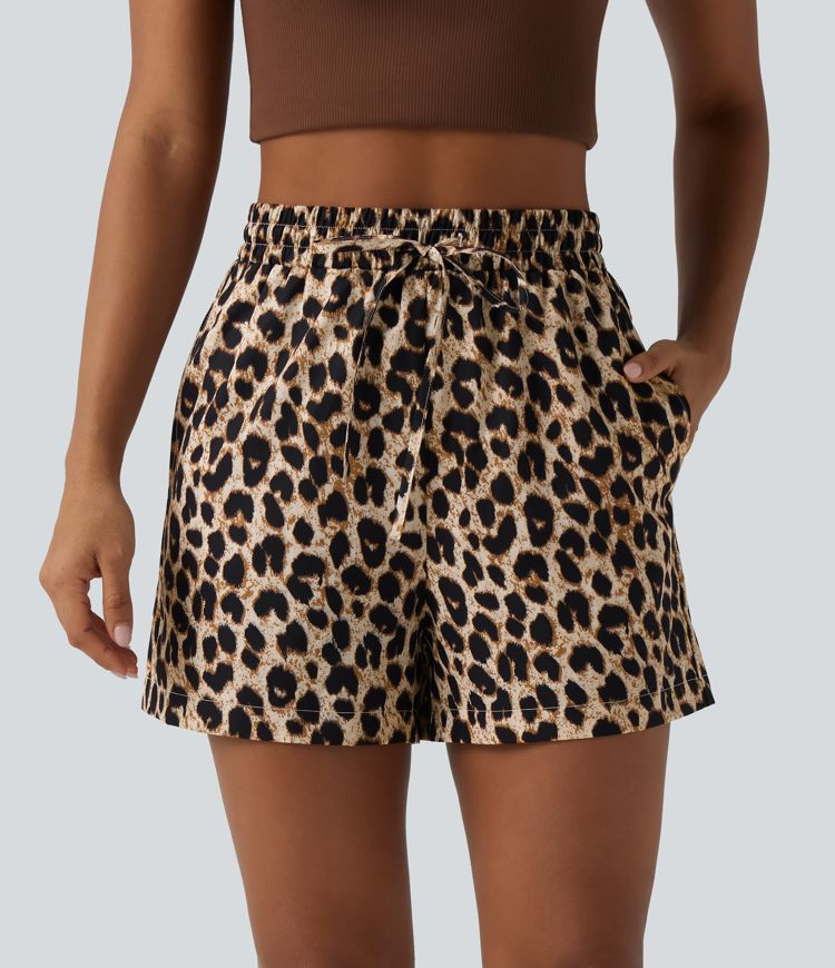 High Waisted Drawstring Leopard Print Casual Shorts with Pockets | Halara-AU