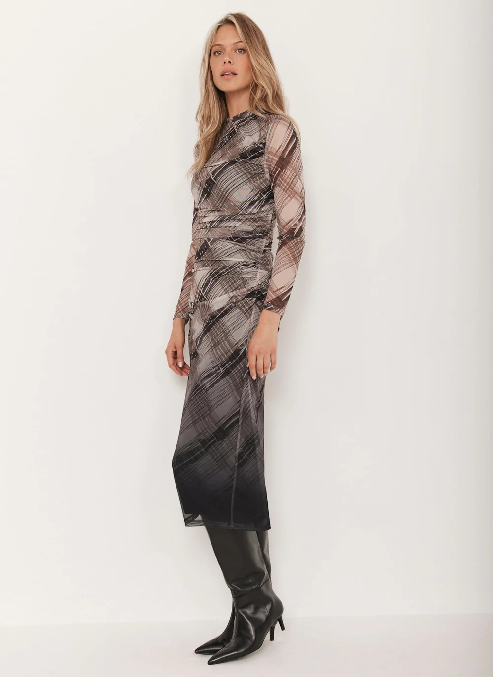 Brown Checked Print Ombre Mesh Midi Dress | Mint Velvet - US