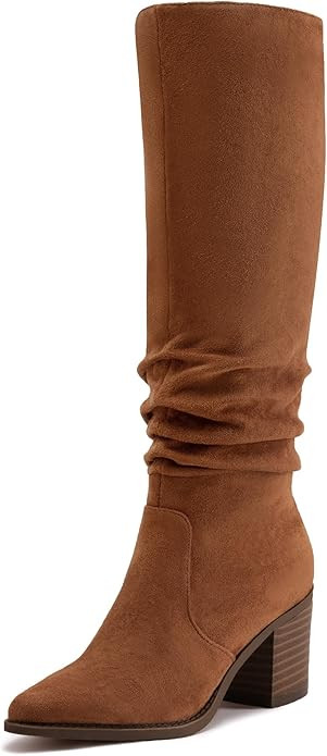 Athlefit Womens Knee High Chunky Heel Boots Faux Suede Pointed Toe Side Zipper Boots | Amazon (US)