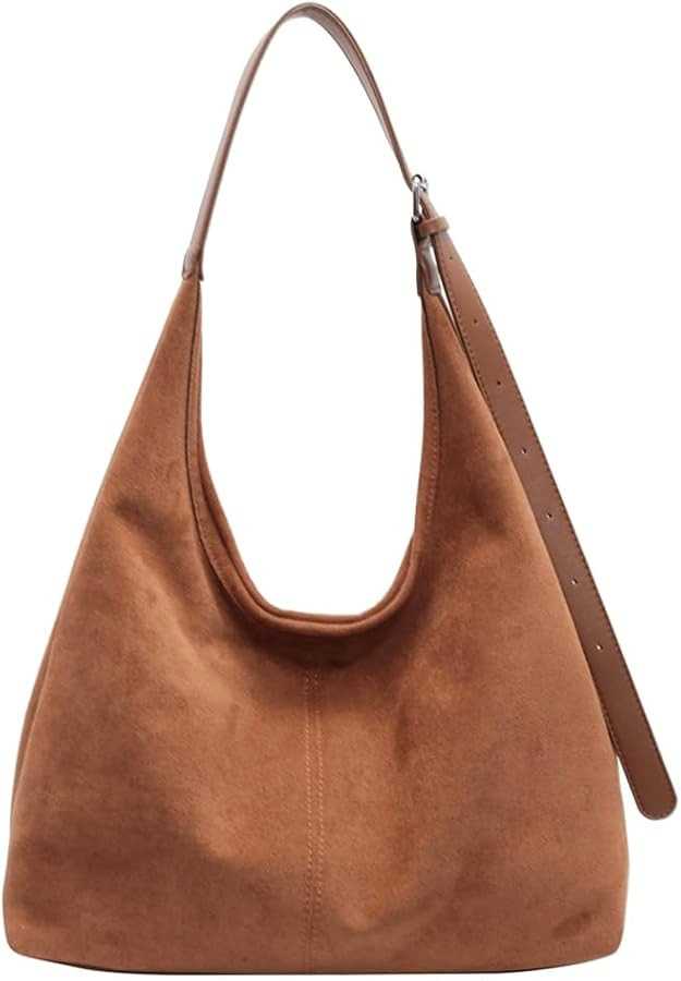 Suede Slouchy Hobo Bag for Women Chocolate Tote Handbag Large Retro Suede Shoulder Purse for Trav... | Amazon (US)