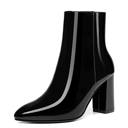 Jiu du Black Booties Women Black Leather Boots Ankle Boots for Women PU Leather Pointed Toe GOGO Short Booties Size 10 | Amazon (US)