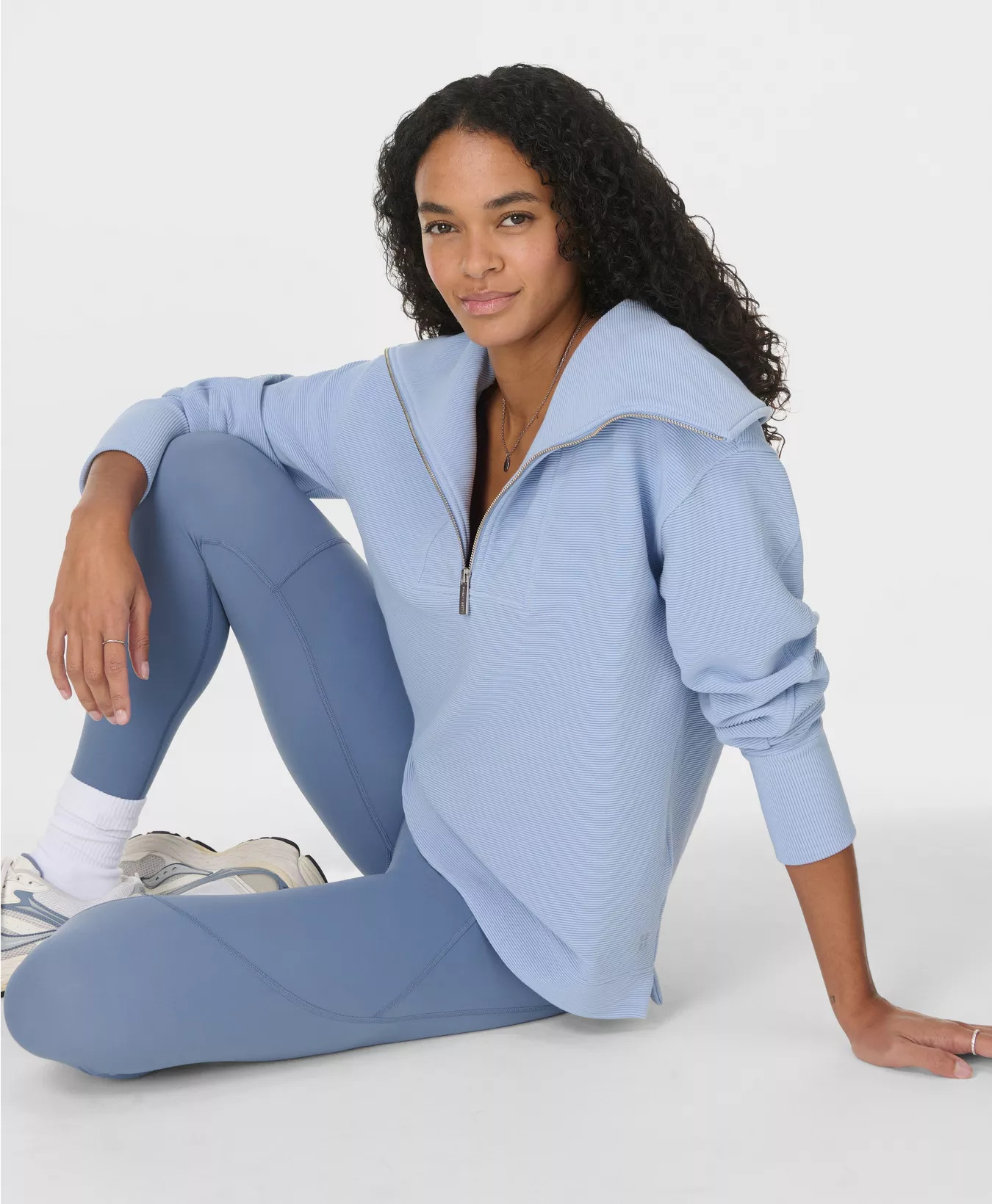 Peaceful Ribbed Half Zip Sweatshirt - Glacier Blue | Women's Jumpers + Hoodies | Sweaty Betty | Sweaty Betty UK