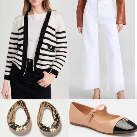 Stripe cardigan 
Wide leg Cropped white jeans chanel look alike via coach outlet - so cute! Mary Jane’s 
Earrings under $10
