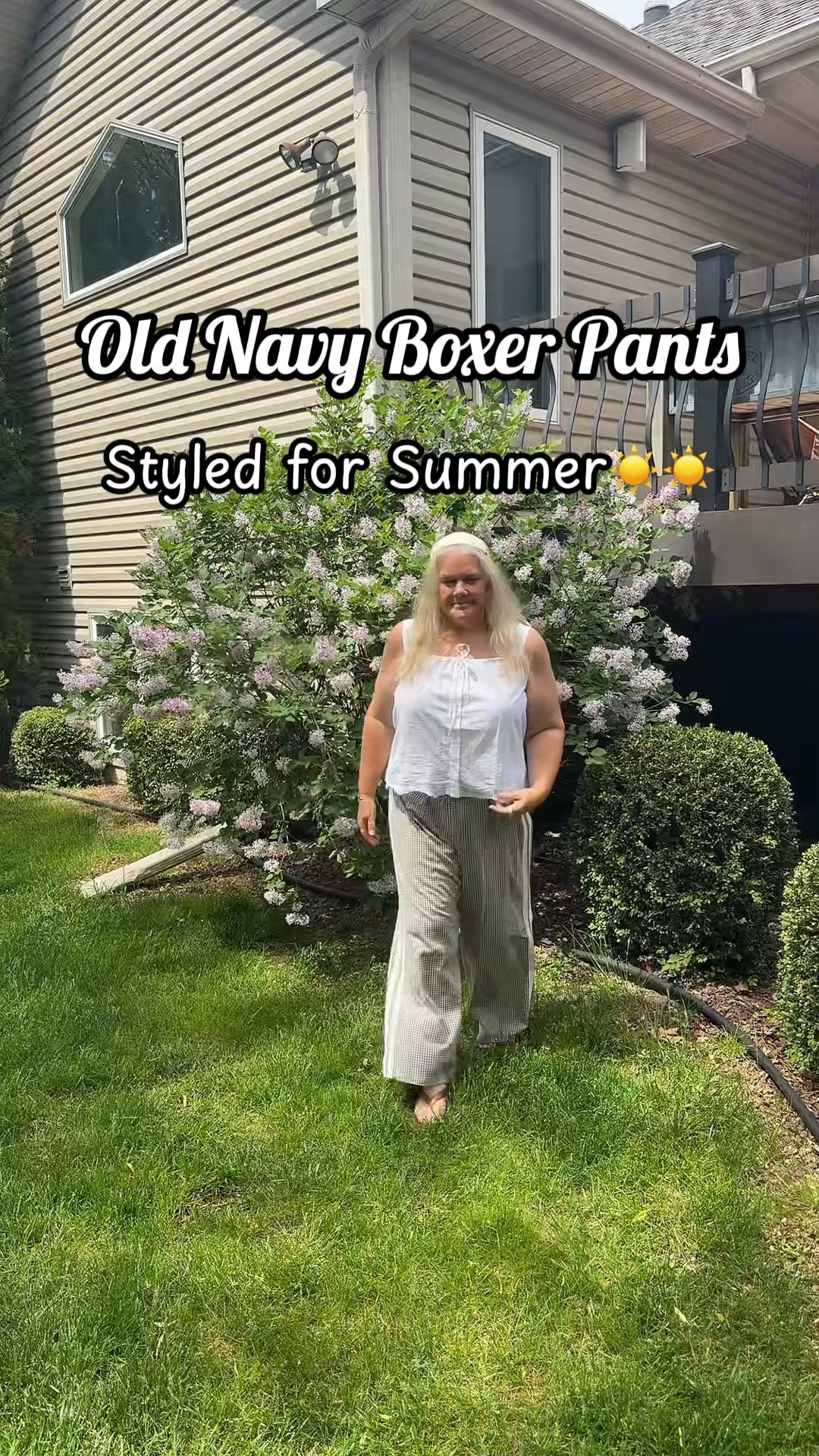 Omgeee these Old Navy Boxer pants w/eyelet track stripe for Summer!! Paired with the most feminine top! Both are size large but the tank is also a tall for length! #summeroutfit2026 #summerstyle #fashionover50

#LTKSeasonal #LTKOver40 #LTKSaleAlert
