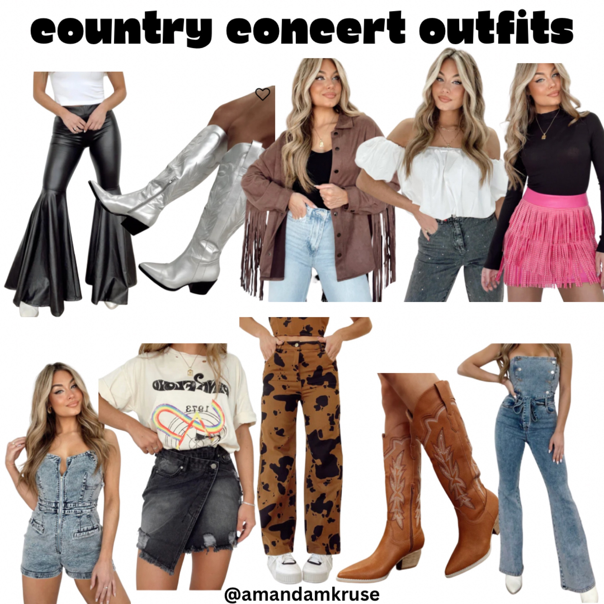 Nashville outfits.
Country concert.
Bell bottom faux leather pants.
Fringe jacket.
Off the shoulder top.
Fringe skirt.
Denim romper.
Cow print pants.
Cowgirl boots.
Denim jumpsuit.

#LTKFind #LTKunder100 #LTKFestival
