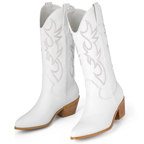 Cowboy Boots for Women Wide Calf Cowgirl Boots Embroidered Low Chunky Heels Pointed Toe Western Mid-Calf Boots Pull On (White, Size 10) | Amazon (US)