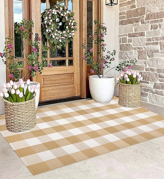 3' x 5' Outdoor Rug, Checkered Washable Rug Khaki and White Front Porch Rug Washable Front Door M... | Amazon (US)
